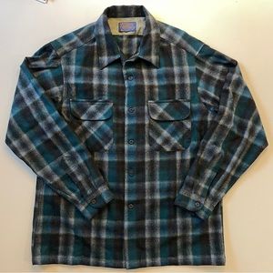 Vintage Pendleton Board Shadow Plaid Wool Flannel Shirt L - 60s 70s Made in USA